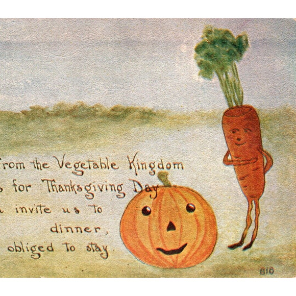 Thanksgiving Day Postcard Fantasy Anthropomorphic Carrot Man JOL Pumpkin Owen - Picture 1 of 3